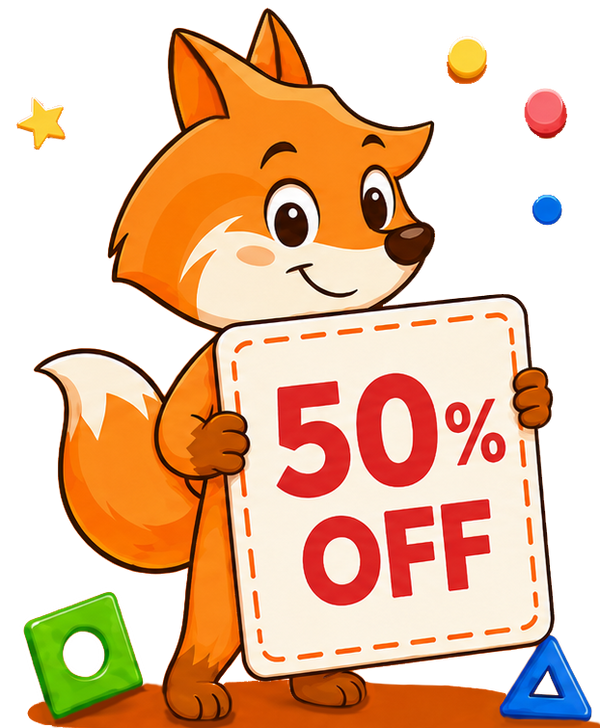 Fox with 50% off sign